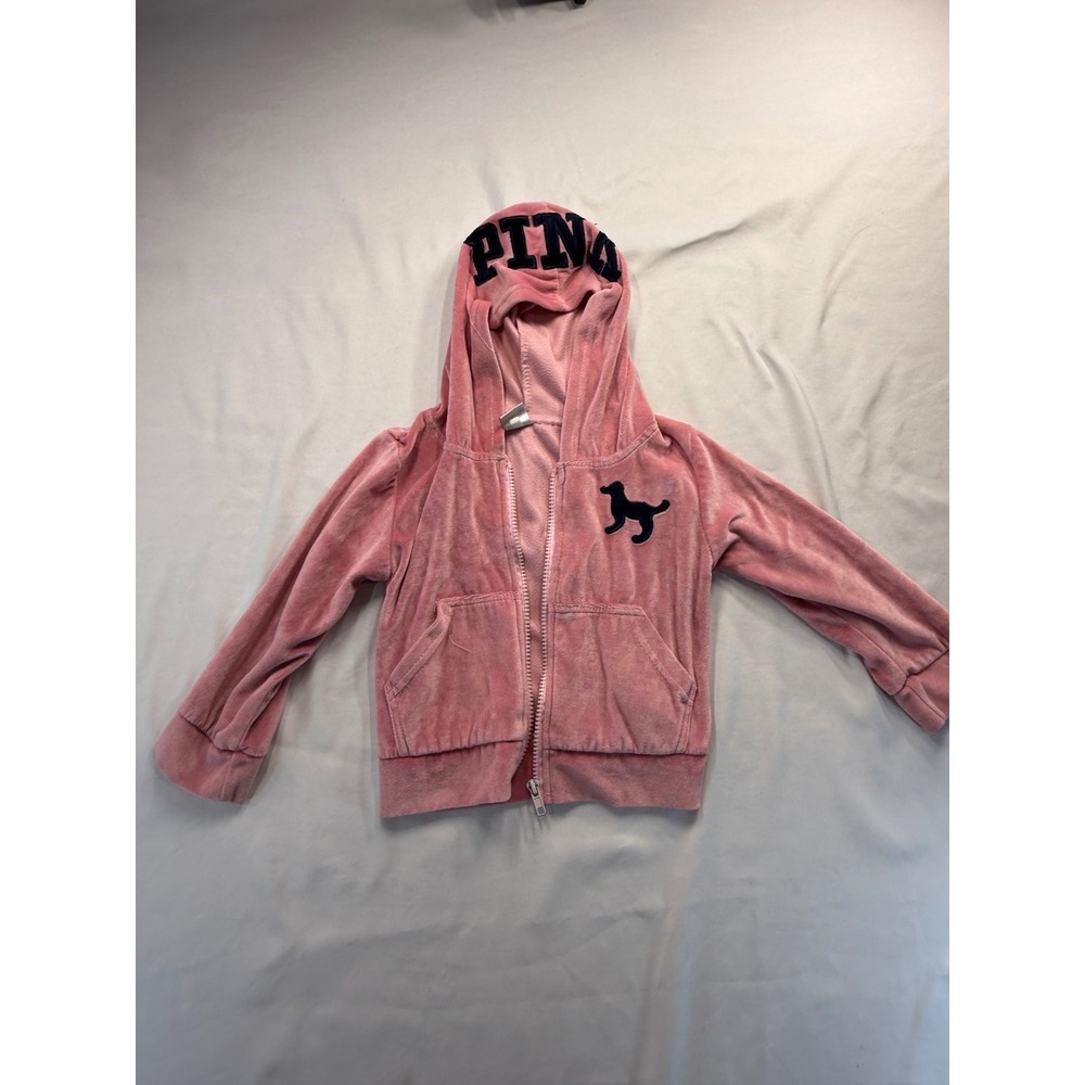 Victoria's Secret PINK Girls Velour Zip Up Hoodie Pink Dog Logo Hooded Jacket 4